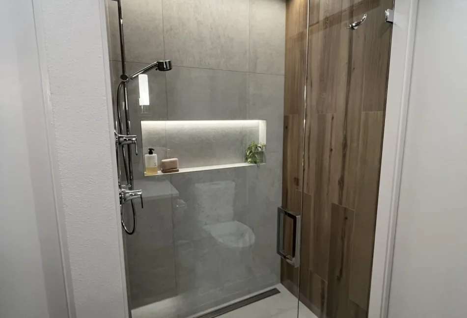 custom lit shower niche, wet room